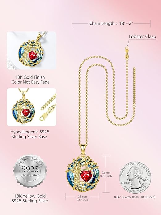 TOUPOP Christmas Gifts Tree of Life Birthstone Necklace 925 Sterling Silver Pendant Austrian Crystal Jewelry Anniversary Birthday Gifts for Women Mom Her Wife