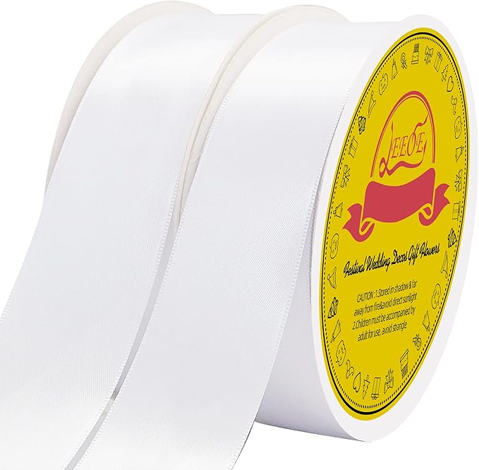 LEEQE 100 Yards White Satin Ribbon Polyester Ribbon for Gift Wrapping Very Suitable for Weddings Party Hair Bow Invitation Decorations and More（1-1/2 inch X 50Yards X 2 Roll）