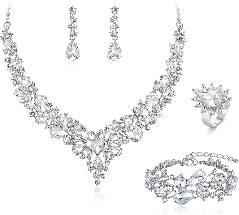 BriLove Wedding Bridal Jewelery for Women Austrian Crystal Teardrop Cluster Statement Necklace Dangle Earrings Link Bracelet Set