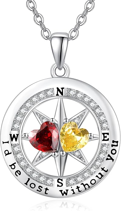 JIYVY32 Compass Birthstones Necklace for Women, Exquisite S925 Necklace Anniversary Birthday Gifts for Wife Her Double Birthstone Pendant jewelry ‘I'd be Lost Without You’