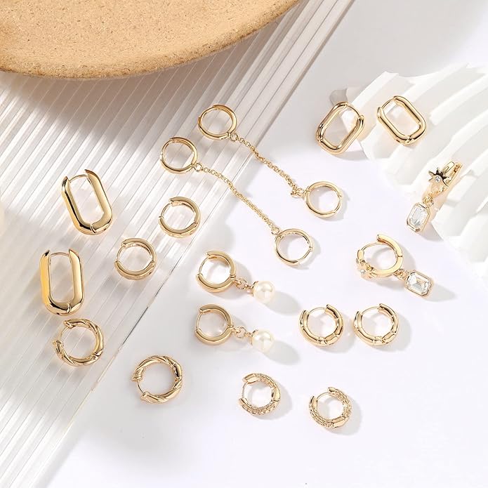 9 Pairs Gold Chunky Hoop Earrings Set for Women, 14K Gold Plated Twisted Huggie Hoop Earring Hypoallergenic, Lightweight Thick Open Hoops Earrings Jewelry Gifts.