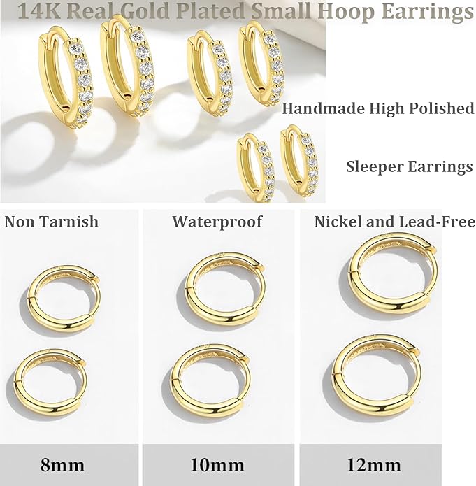 Cocadant 6 Pairs 925 Sterling Silver Small Hoop Earrings for Women,14k Real Gold Hypoallergenic Tiny Cubic Zirconia Cartilage Huggie Earring Sets for Multiple Piercing Trendy Jewelry 8/10/12mm