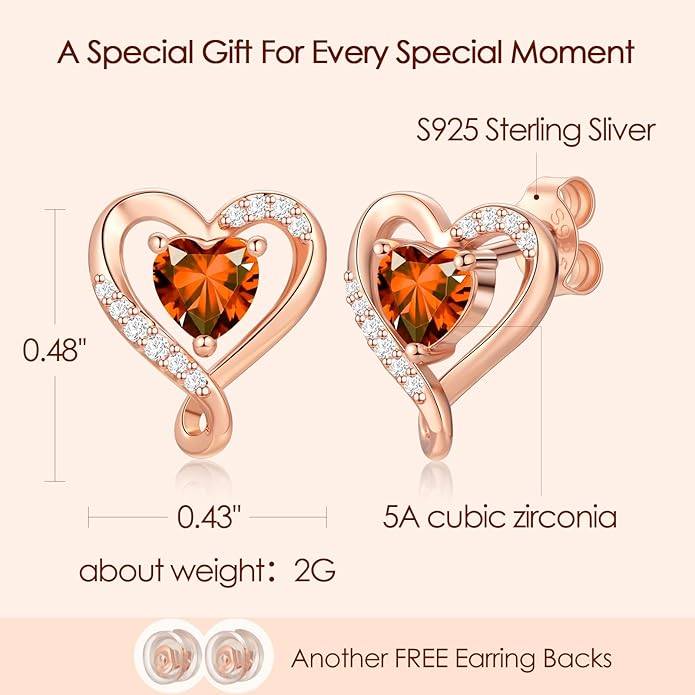 Earrings for Women, S925 Sterling Silver Rose Gold Birthstone Heart Studs Earring for Girlfriend Wife, Anniversary Birthday Christmas Valentines Mothers Day Gifts Jewelry for Women Wife Her Mom