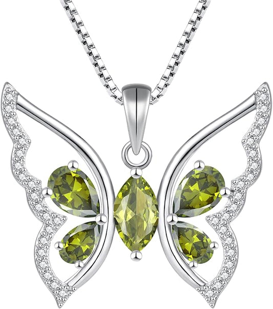 YL Women's Butterfly Necklace 925 Sterling Silver Flower Rose Pendant Birthstone Halo Jewelry