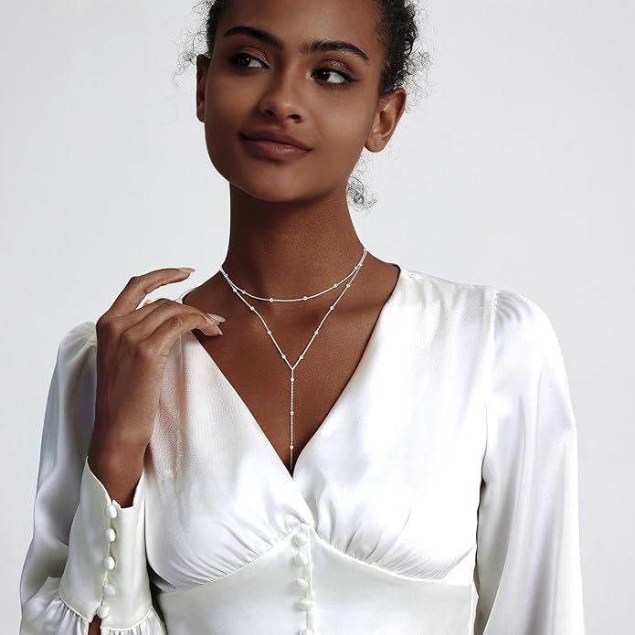 Zeffy Lariat Gold Necklace for Women, Dainty Long Necklace 14k Gold/Silver Plated Layered CZ Beaded Bar Chain Y-Shaped Body Chain Stack Drop Wedding Necklace Trendy Simple Gold Jewelry Gifts