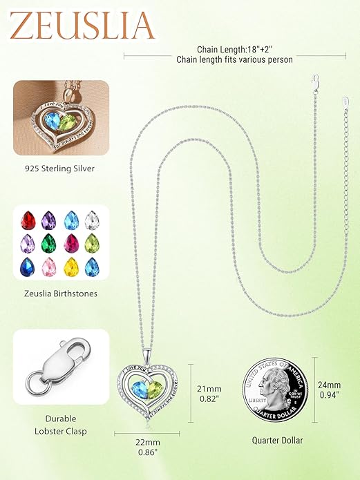 Zeuslia Double Birthstone Necklace Gifts for Wife - 925 Sterling Silver Sunflower/Rose/Crown Cross/Compass/Heart Pendant I Love You Necklace, Anniversary Birthday Gifts for Wife Girlfriend Mom Her
