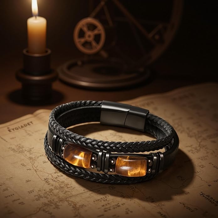 Tiger Eye Black Leather Bracelet Men Natural Tiger Eye Gemstone Crystal Stone Jewelry Handmade Courage And Stress Relief Protection Bracelet