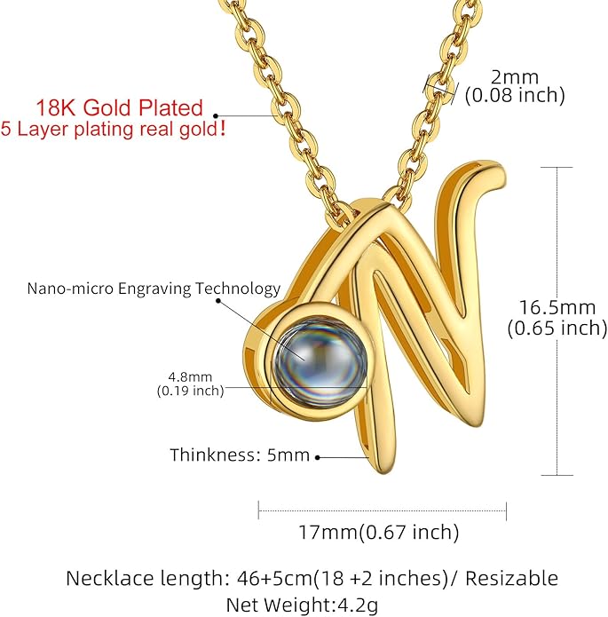 Custom4U Personalized Initial Picture Necklace for Women, Projection Necklace with Picture Inside, Gold/Silver Letter Pendant Necklace, Custom Photo Gifts for Mom Wife Birthday Valentines