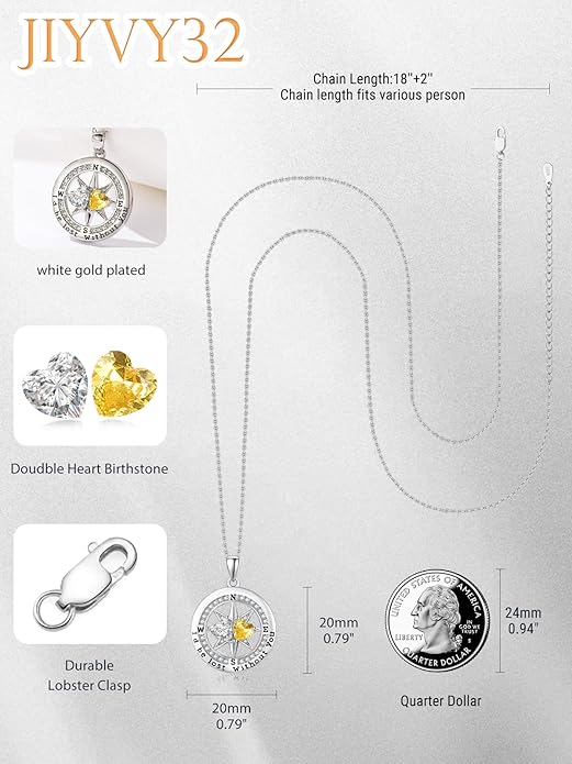 Compass Birthstones Necklace for Women, Exquisite Anniversary Birthday Gifts for Wife Her Double Birthstone Pendant jewelry ‘I'd be Lost Without You’