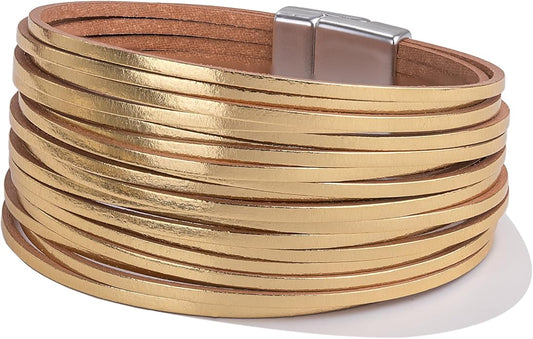 FANCY SHINY Boho Leather Wrap Bracelet Stackable Layered Bangle Cuff with Magnetic Clasp