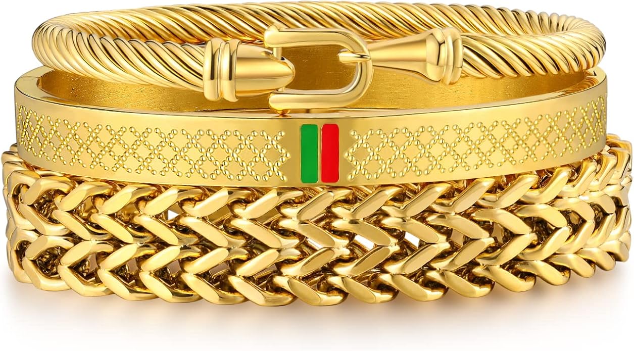 WFYOU 3PCS Stainless Steel Bracelets for Men Gold Roman Numeral Bangle Bracelet Twisted Cable Bracelet Adjustable Cuff Bracelet Mens Luxury Jewelry Bracelets Gifts