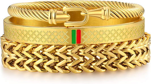WFYOU 3PCS Stainless Steel Bracelets for Men Gold Roman Numeral Bangle Bracelet Twisted Cable Bracelet Adjustable Cuff Bracelet Mens Luxury Jewelry Bracelets Gifts