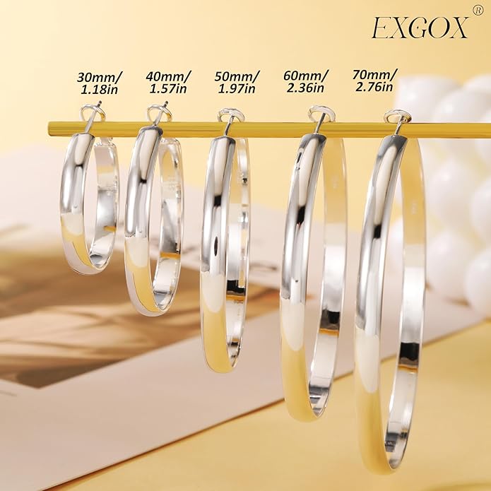 EXGOX 5mm Wide Gold Hoop Earrings for Women,Sterling Silver Hoop Earrings Large Silver Hoop Earrings Hypoallergenic Lightweight 14K Real Gold Plated Big Hoop Earrings for Women 30/40/50/60/70mm