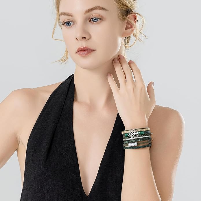 FANCY SHINY Tree of Life Leather Wrap Bracelet Inspirational Cuff Bangles Boho Pearl Bracelets with Magnetic Clasp Unique Jewelry Gifts for Women