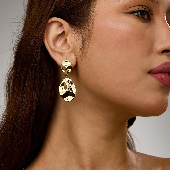 Hefanny Large Hammered Teardrop Dangle Earrings Geometric Chunky Flower Earrings Women's Trendy Statement Jewelry Multiple Styles