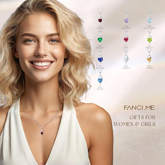 FANCIME 14K Solid White Gold Birthstone Necklace Genuine or Created 6mm Heart Gemstone Pendant with Lab Grow Diamonds Sterling Silver Chain Fine Jewelry Anniversary Birthday Gifts for Women 16" + 2"