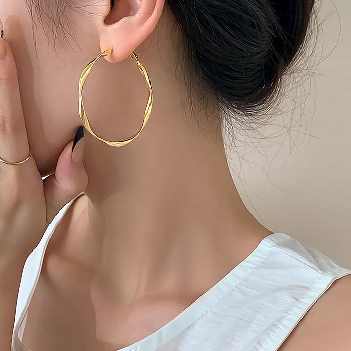 Gold Hoop Earrings for Women 18K Gold Plated - 40mm & 50mm Sizes, Double Layer/Twisted Styles, Hypoallergenic 925 Sterling Silver Posts, Lightweight Trendy Jewelry Gift