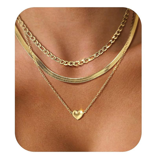 Layered Necklaces for Women,14k Gold Plated Dainty Necklace Stack Set,Non Tarnish Adjustable Stainless Steel Heart Pendant Paperclip Choker Herringbone Snake Chain Jewelry