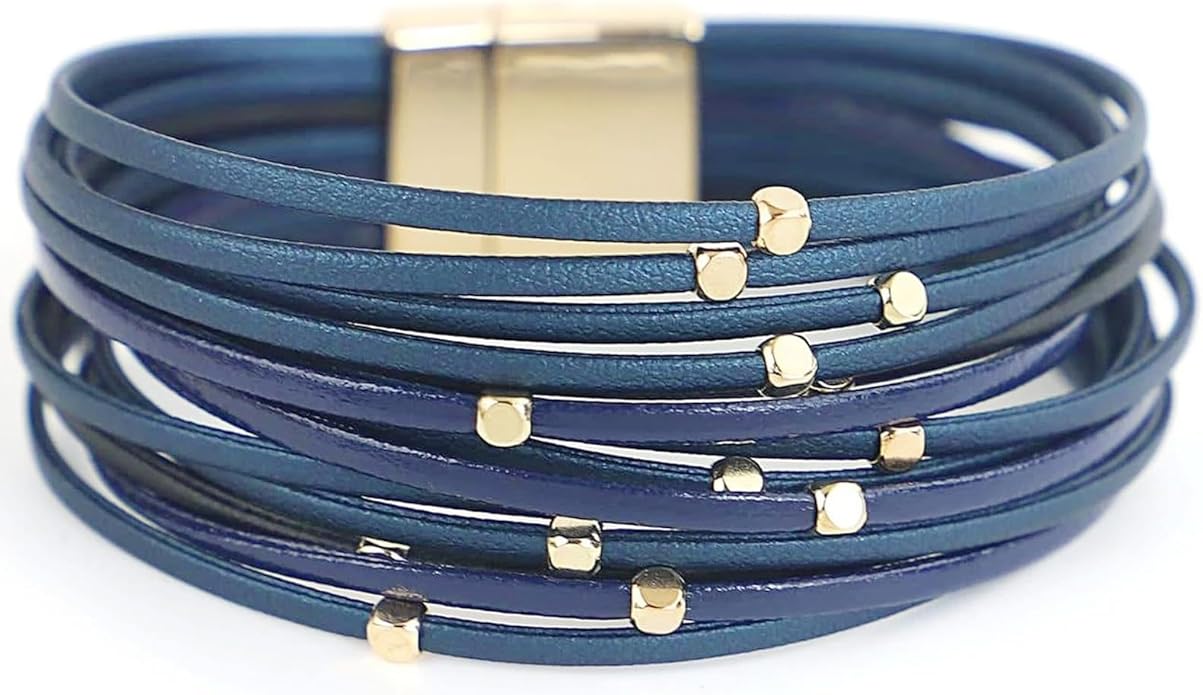 Fesciory Leopard Bracelet for Women, Boho Leather Wrap Multi-Layer Pearl Crystal Bracelet Bangle Jewelry