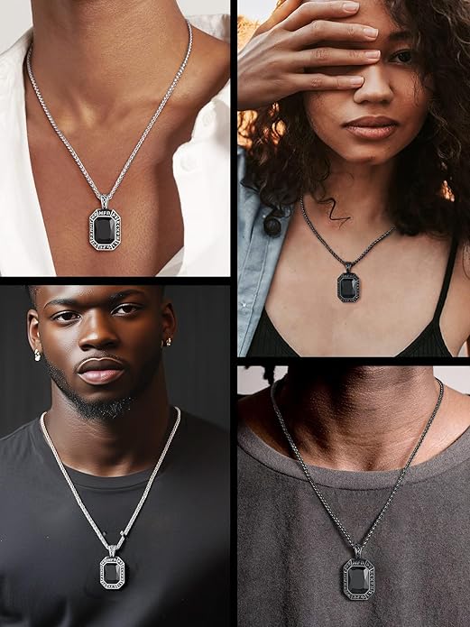 ChainsHouse Viking Rune Pendant Necklace for Men Women, Punk Biker Black Metal/316L Stainless Steel Onyx Norse Vintage Amulet Necklaces with Black/Red/Green/Blue Gemstone, Send Gift Box