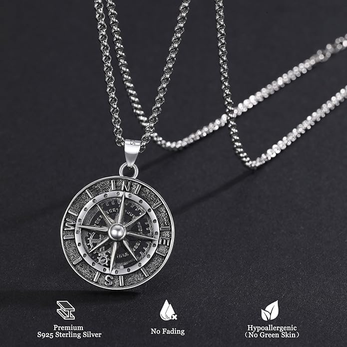LES OSEWA Compass Necklace for Men Sterling Silver Compass Pendant Masonic Viking Necklace Travel Amulet Necklace Inspirational Graduation Jewelry Gifts for Women