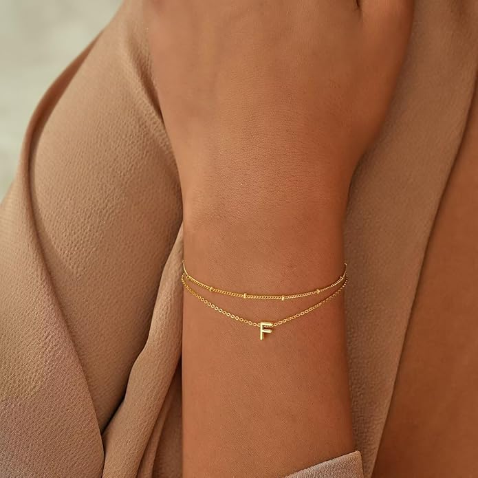 Turandoss Gold Initial Bracelets for Women, Dainty 18K Real Gold Plated Layered Letter A-Z Initial Bracelets Personalized 26 Alphabet Monogram Gold Bracelets for Women Jewelry Gifts Trendy