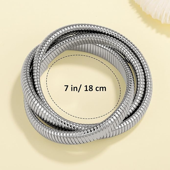 Emibele Gold Bangles Bracelet Set for Women, 18K Gold Plated Chunky Stainless Steel Non Tarnish Stretch Bracelet Stack, Flexible Wide Wristband Bangle Layered Snake Chain Bracelets