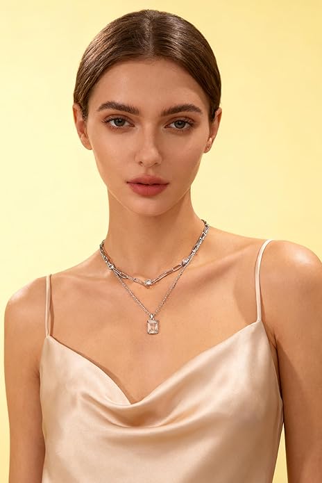 Gold Layered Pendant Necklaces for Women 14k Gold Plated Crystal Choker Necklace Paperclip Rhinestone Necklace Party Prom Jewelry