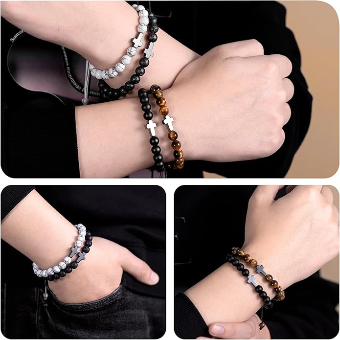 Romass 2Pcs Cross Bracelet for Men,Tiger Eye Beaded Bracelets 8MM Natural Stone Adjustable Jewelry Christian Easter Christmas Gifts Box