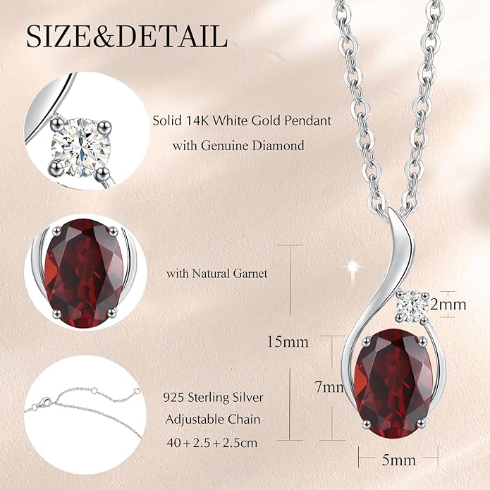 FANCIME 14K Solid White Gold Oval Gemstone Necklace with Diamond Pendant Gifts for Mom Women,16"+2" Inches