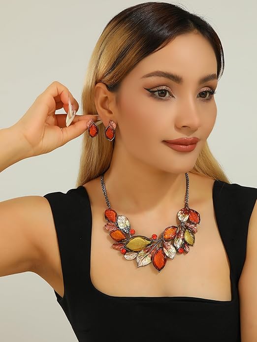 Vintage Chunky Statement Jewelry Set Retro Leaf Floral Geometric Bohemian Boho Bib Necklace Earring Set Fashion Costume Jewelry for Women Girls Wedding Party Prom Unique Gift