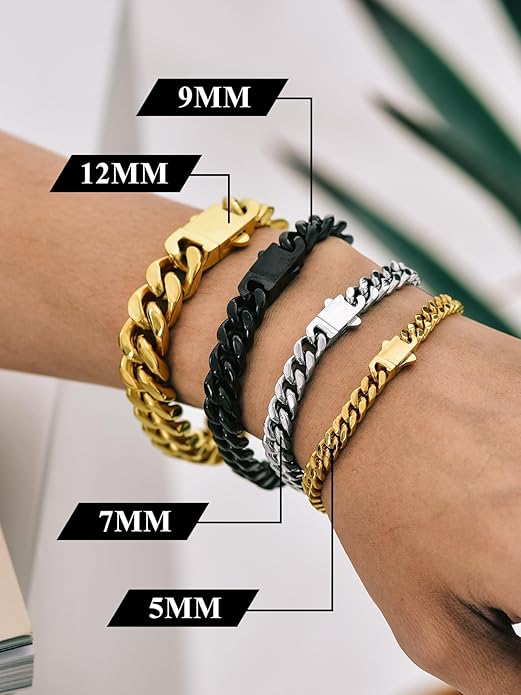 Richsteel 5/7/9/12mm Wide Miami Cuban Link Chain Bracelet for Men Women,Stainless Steel/Gold/Black Plated,7.4/8.2/9 Inch Length,Hip Hop Urban Street-wear Jewelry(Gift Wrapped)