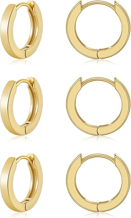 Gacimy 3 Pairs Small Gold Huggie Hoop Earrings Set, 14K Gold Plated Hypoallergenic Huggies for Women, Multiple Piercings