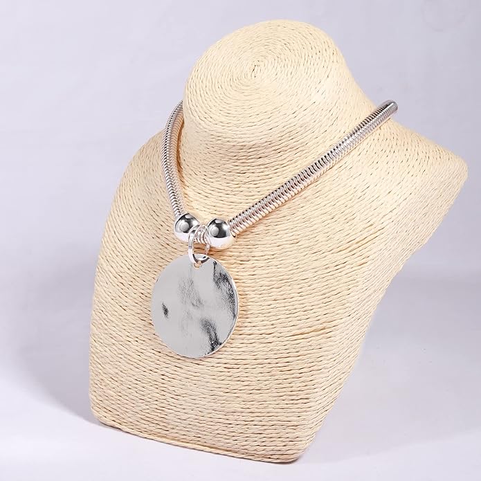 Silver Hammered Metal Statement Necklace Set with Lobster Clasp Closure, Disc Coin Necklace Circle Necklace Chunky Necklaces for Women New Unique Trendy Jewelry Valentines Day Gift