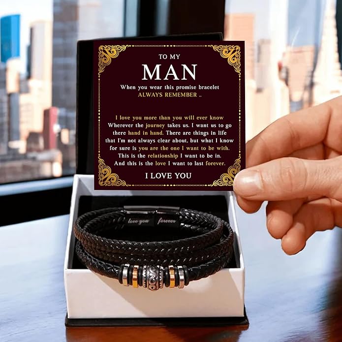 Mapileng To My Man – Braided Leather & Stainless Steel Bracelet with Heartfelt ‘Love You Forever’ - Elegant Gift Box Included, Gift from Girlfriend or Wife for Husband, Boyfriend, or Brother