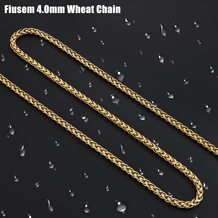 Fiusem Wheat Chains for Men and Women, 2/2.5/3/4/5mm Silver Tone/14K Gold Plated/Black Necklace Chain, Stainless Steel Mens Necklace 16-28 Inch