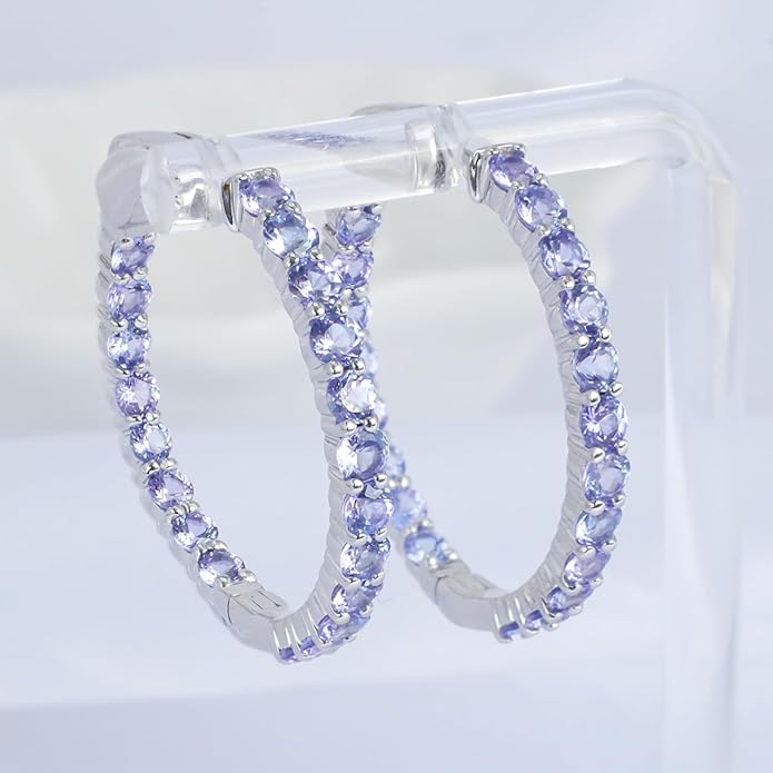 Hoop Earrings with 40 Colored Gemstones, Birthstone Earrings, 925 Sterling Silver Rhodium Plated, Push Back Closure, 1.18'