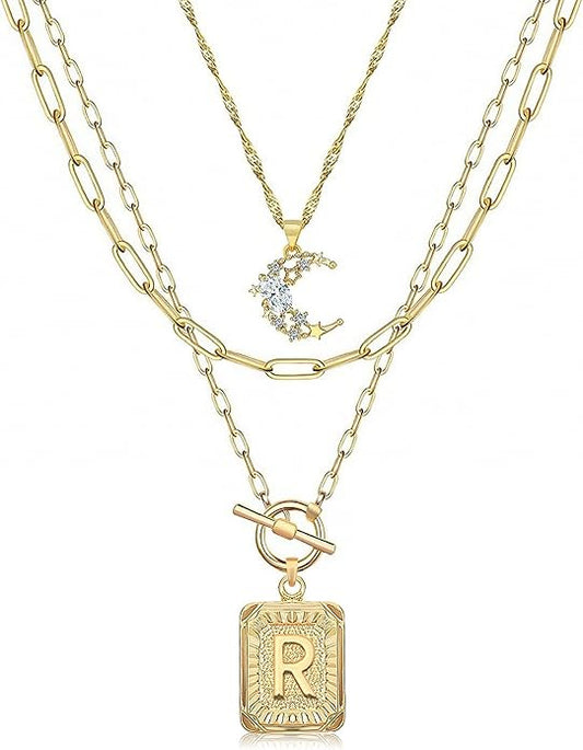 MJartoria Layered Initial Necklaces for Women Trendy, 14K Gold Plated Brass Simple Moon Choker Square Letter Pendant Necklace, Paperclip Chain Necklaces Jewelry Gifts