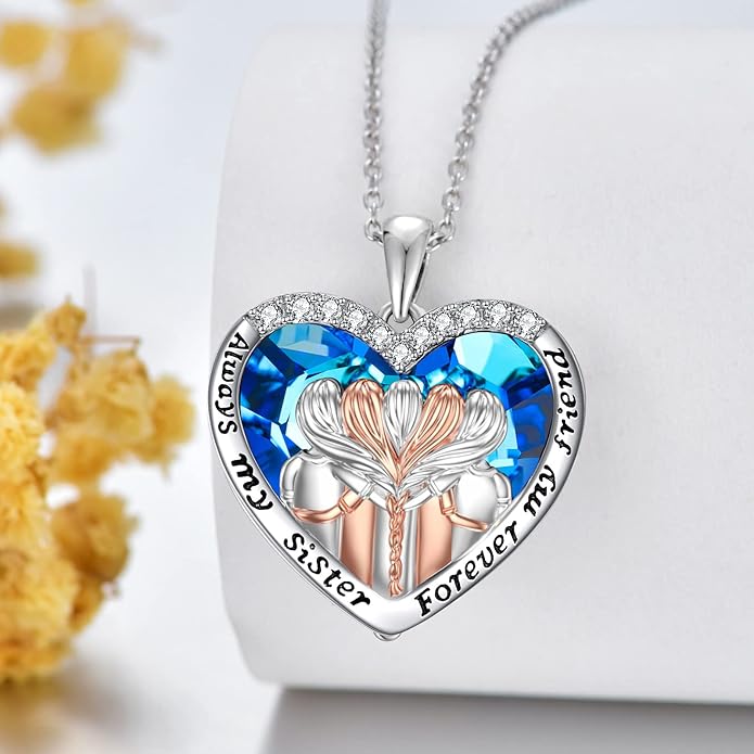 POPKIMI 925 Sterling Silver Sister Necklace - Birthday Gift for Sisters, Mom, Daughter - Always My Sister Forever My Friend Crystal Necklace for 2/3/4/5 Sisters