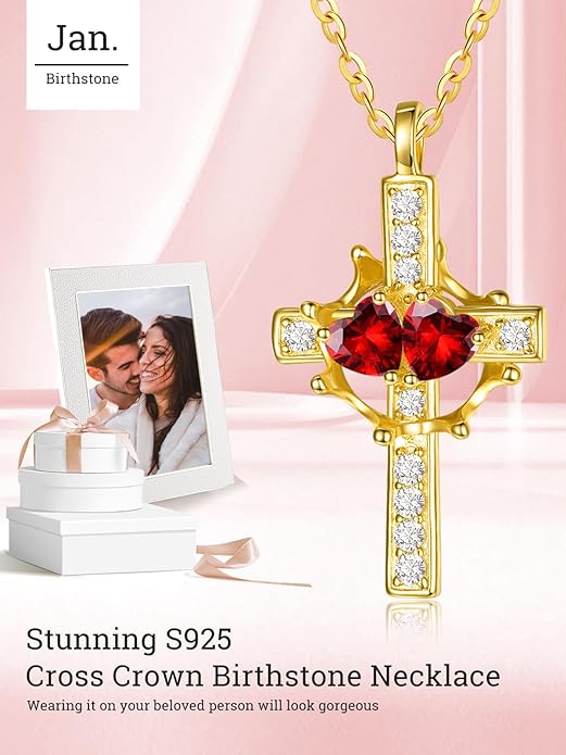Zeuslia Double Birthstone Necklace Gifts for Wife - 925 Sterling Silver Sunflower/Rose/Crown Cross/Compass/Heart Pendant I Love You Necklace, Anniversary Birthday Gifts for Wife Girlfriend Mom Her