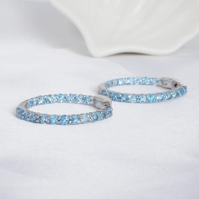 Hoop Earrings with 40 Colored Gemstones, Birthstone Earrings, 925 Sterling Silver Rhodium Plated, Push Back Closure, 1.18'