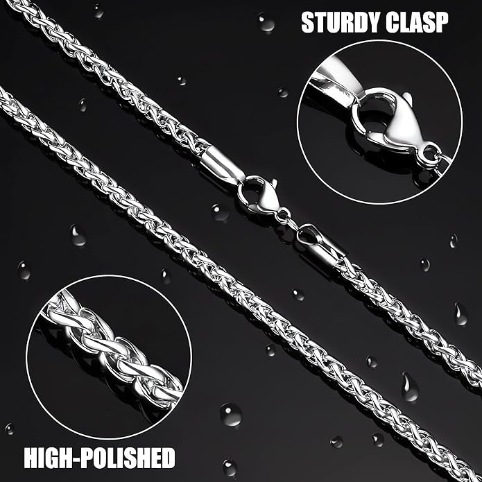 Fiusem Wheat Chains for Men and Women, 2/2.5/3/4/5mm Silver Tone/14K Gold Plated/Black Necklace Chain, Stainless Steel Mens Necklace 16-28 Inch