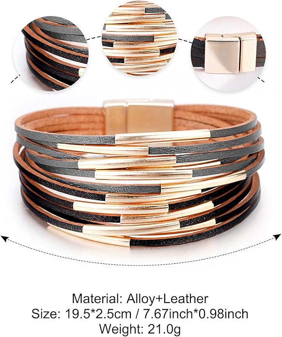 Fesciory Leather Wrap Bracelets for Women, Boho Leopard Multi-Layer Crystal Beads Cuff Bracelet Jewelry