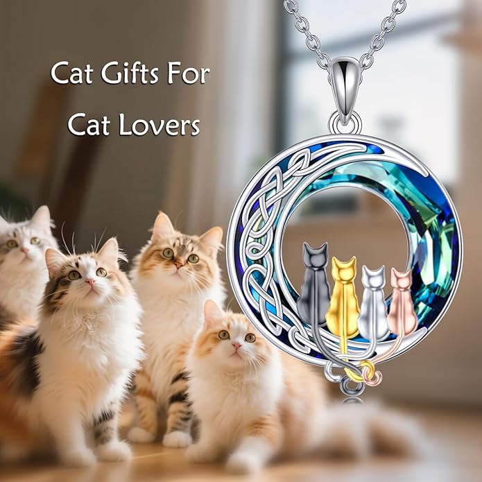TOUPOP Christmas Cat Gifts for Cats Lovers One Two Three Four Cats Necklace Sterling Silver Cats on the Moon Pendant Necklace with Blue Circle Crystal Birthday Christmas Celtic Jewelry Gifts for Women