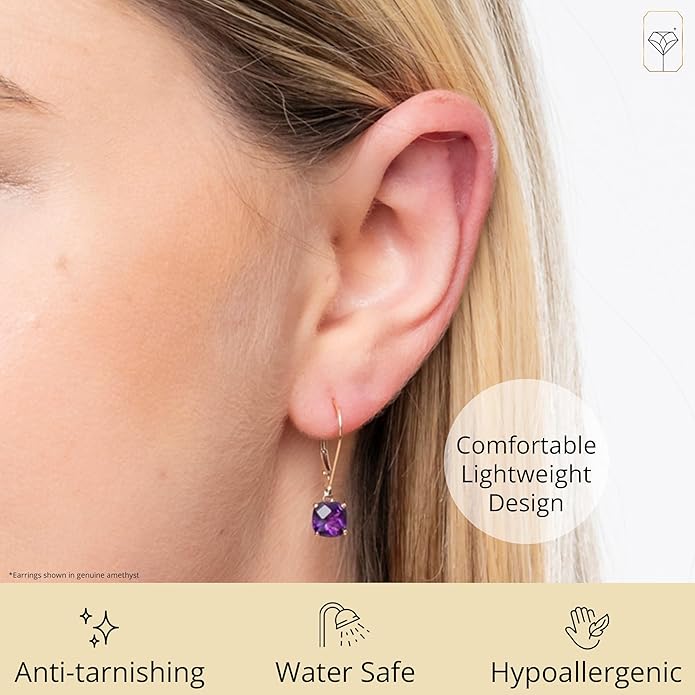 Solid 10K Gold Cushion Cut Dangle Gemstone Earrings for Women | 6mm Gemstone Birthstone Earrings | Checkerboard 10 Karat Gold Dangle Drop Leverback Earring for Women by MAX + STONE