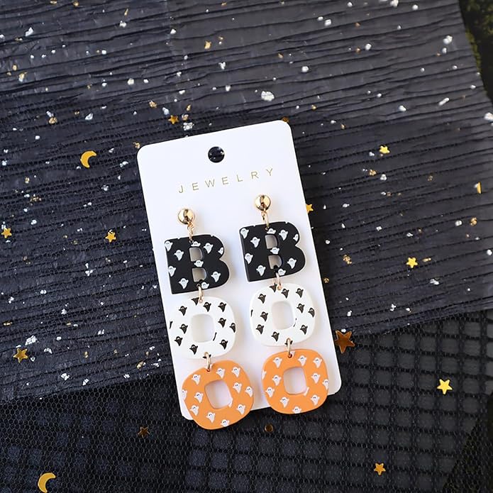 Halloween BOO Ghost Skull Earrings for Women, Gothic Dark Bat Dangle Earrings,Retro Acrylic Cute Lightweight Drop Dangle Earring Jewelry Gifts, Holiday Festive Cosplay Party Decorations Accessories