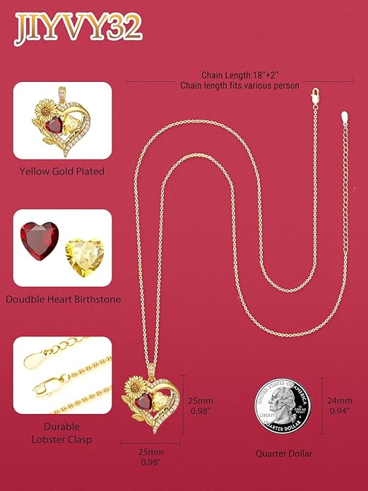 Sunflower Heart Necklace for Women 14K Gold Exquisite Anniversary Birthday Gifts for Wife Mother Her Double Birthstone Pendant jewelry‘You Are My Sunshine’