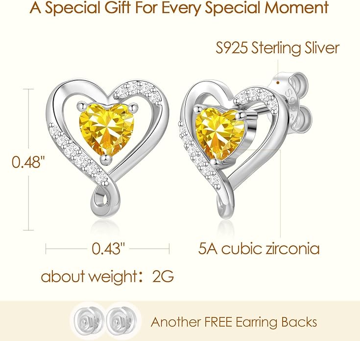 Earrings for Women, S925 Sterling Silver Rose Gold Birthstone Heart Studs Earring for Girlfriend Wife, Anniversary Birthday Christmas Valentines Mothers Day Gifts Jewelry for Women Wife Her Mom