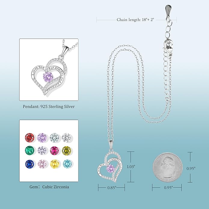 Heart Birthstone Silver Necklace for Women, S925 Sterling Silver Pendant Necklace Birthday Jewelry Gifts for Her Mother Mom Wife Girlfriend