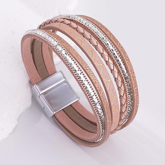 FANCY SHINY Boho Leather Wrap Bracelets Trendy Layered Bracelets with Magnetic Clasp Strackable Bohemian Jewelry Gifts for Women